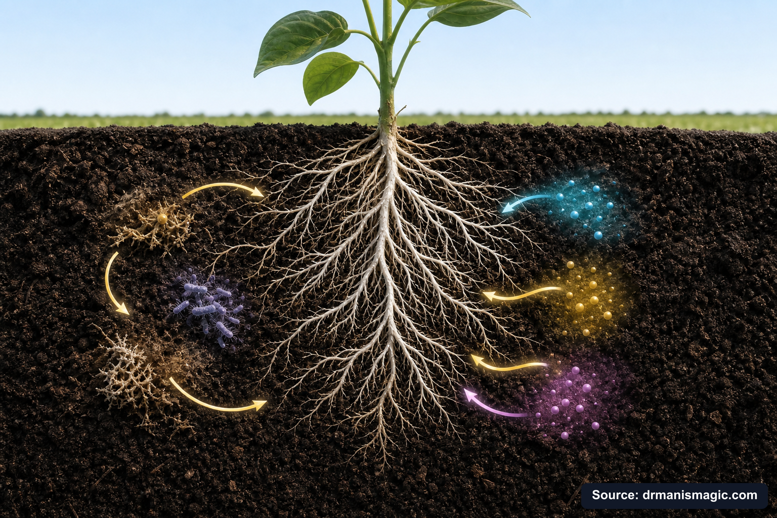 Scientific diagram of the soil nutrient cycle around plant roots