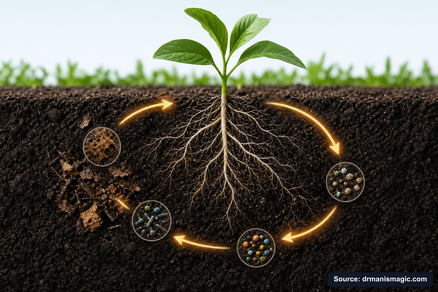 Scientific diagram of the soil nutrient cycle around plant roots