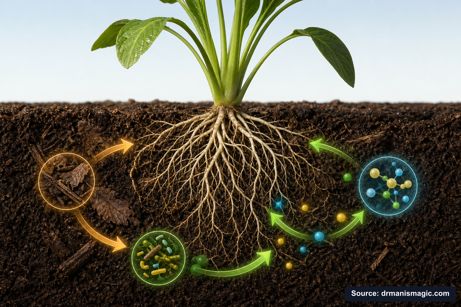 Scientific diagram of the soil nutrient cycle around plant roots