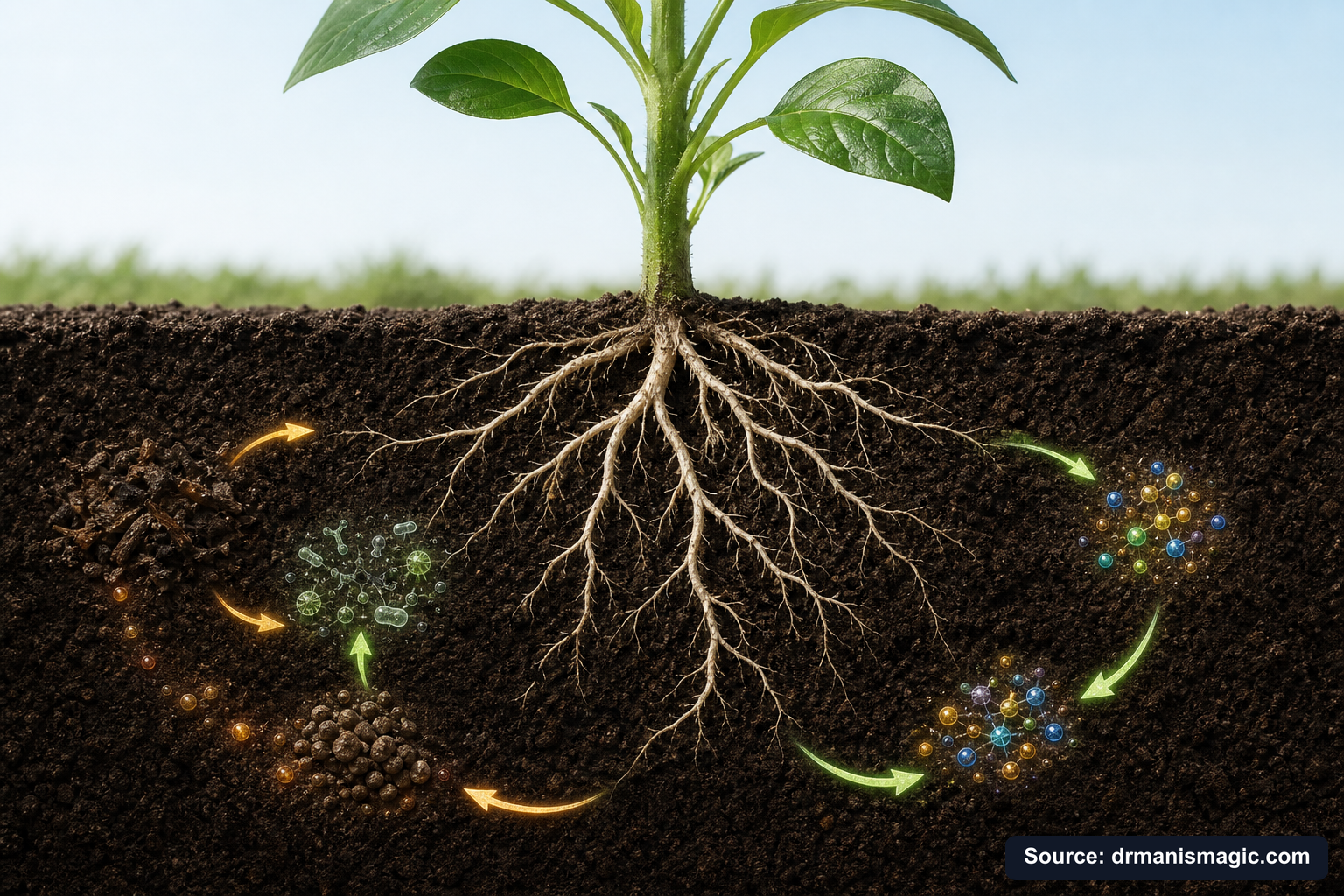 Scientific diagram of the soil nutrient cycle around plant roots