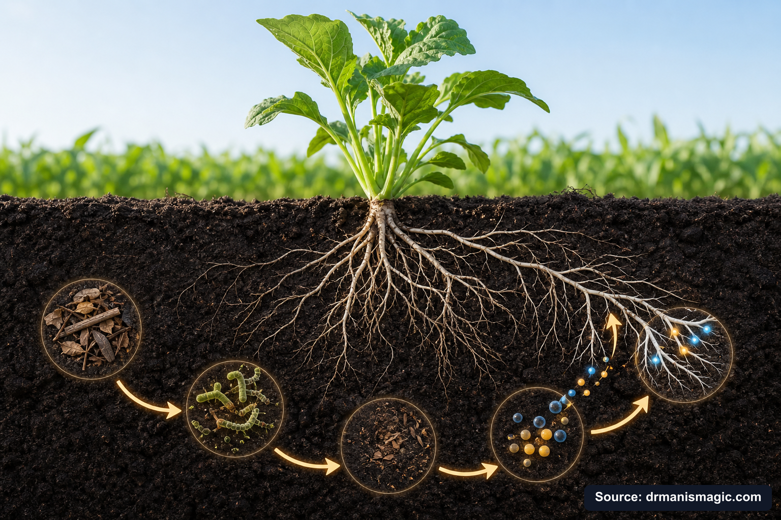 Scientific diagram of the soil nutrient cycle around plant roots