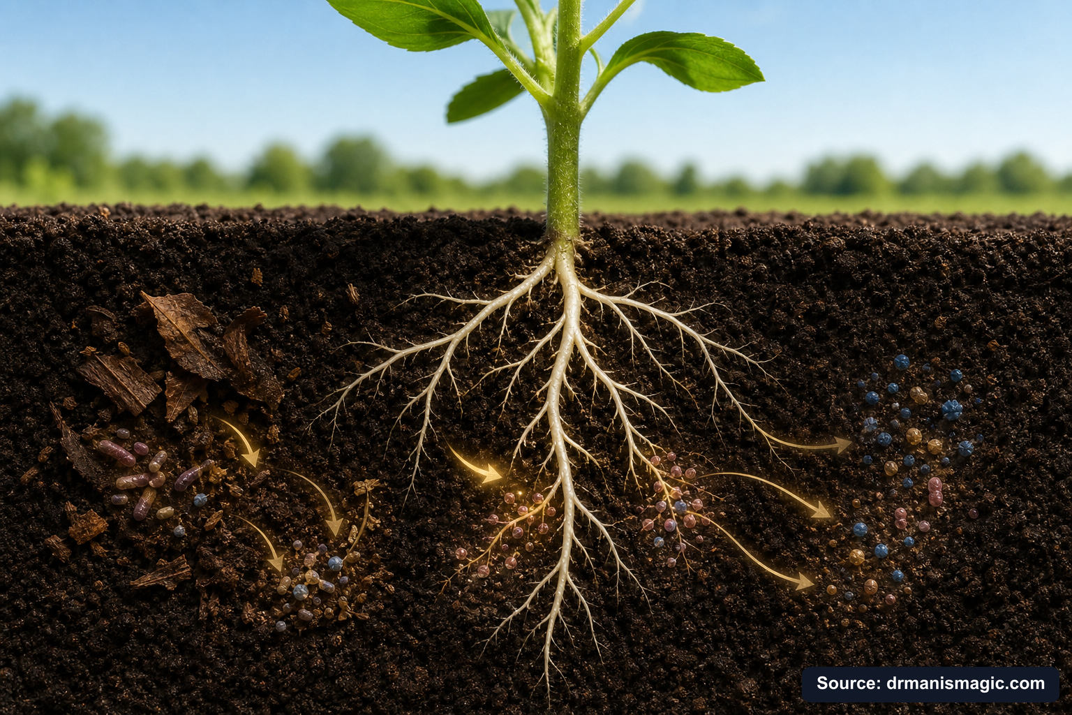 Scientific diagram of the soil nutrient cycle around plant roots
