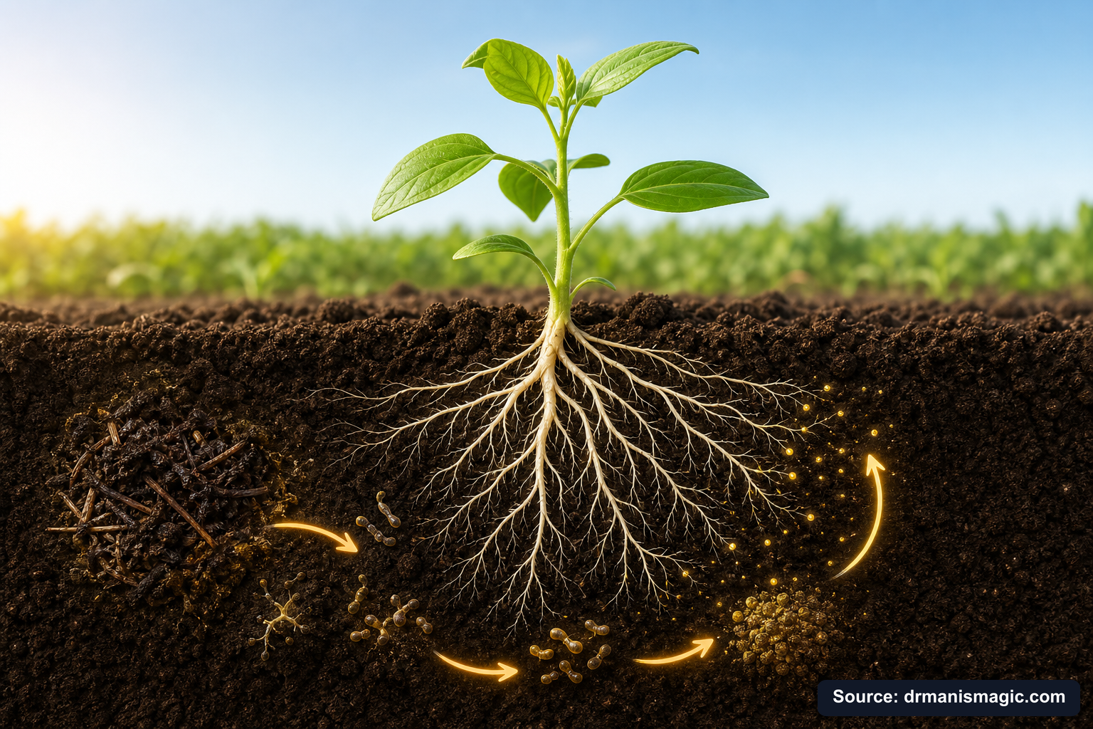 Scientific diagram of the soil nutrient cycle around plant roots