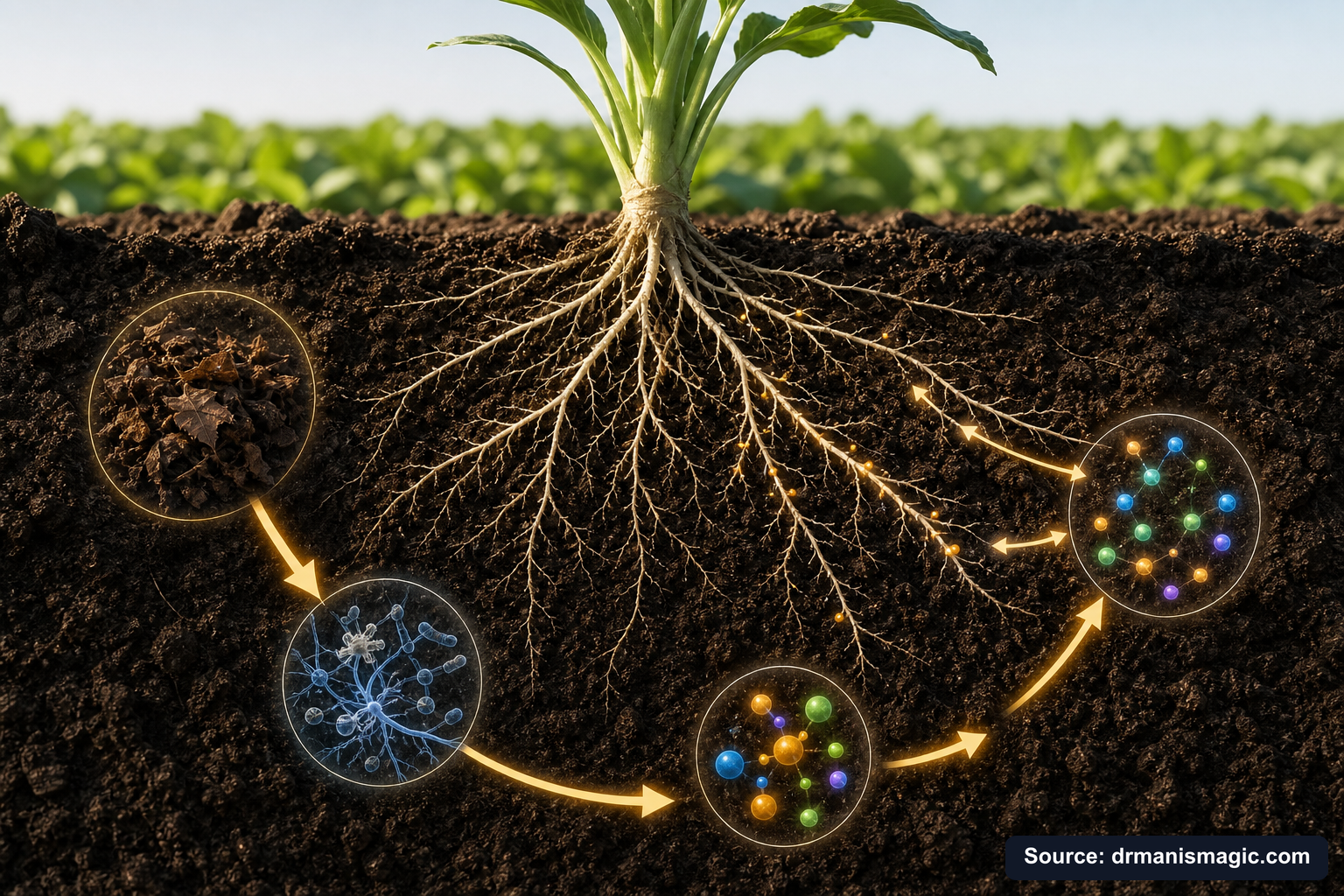 Scientific diagram of the soil nutrient cycle around plant roots