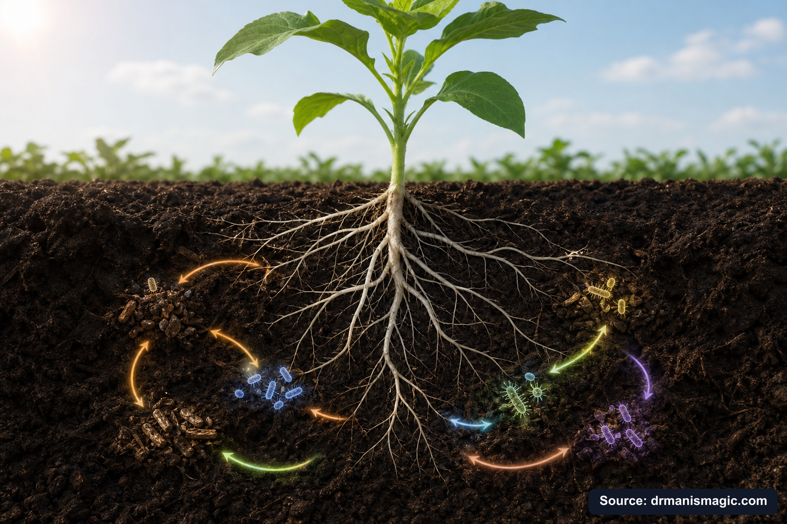Scientific diagram of the soil nutrient cycle around plant roots