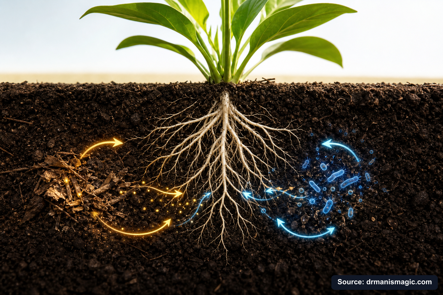 Scientific diagram of the soil nutrient cycle around plant roots
