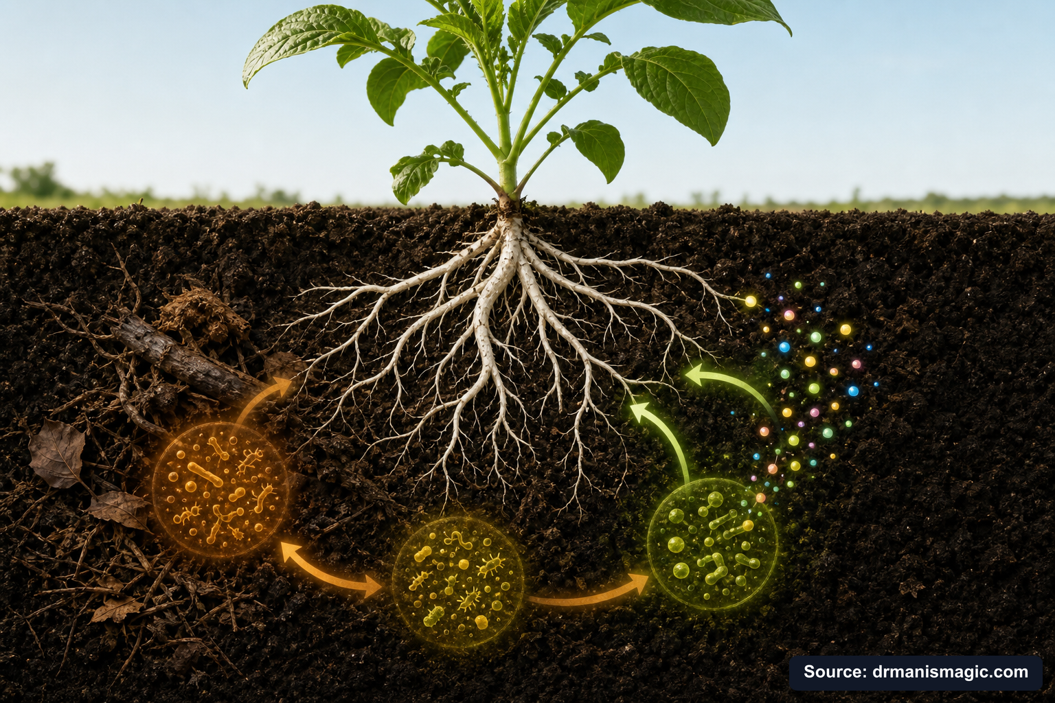 Scientific diagram of the soil nutrient cycle around plant roots