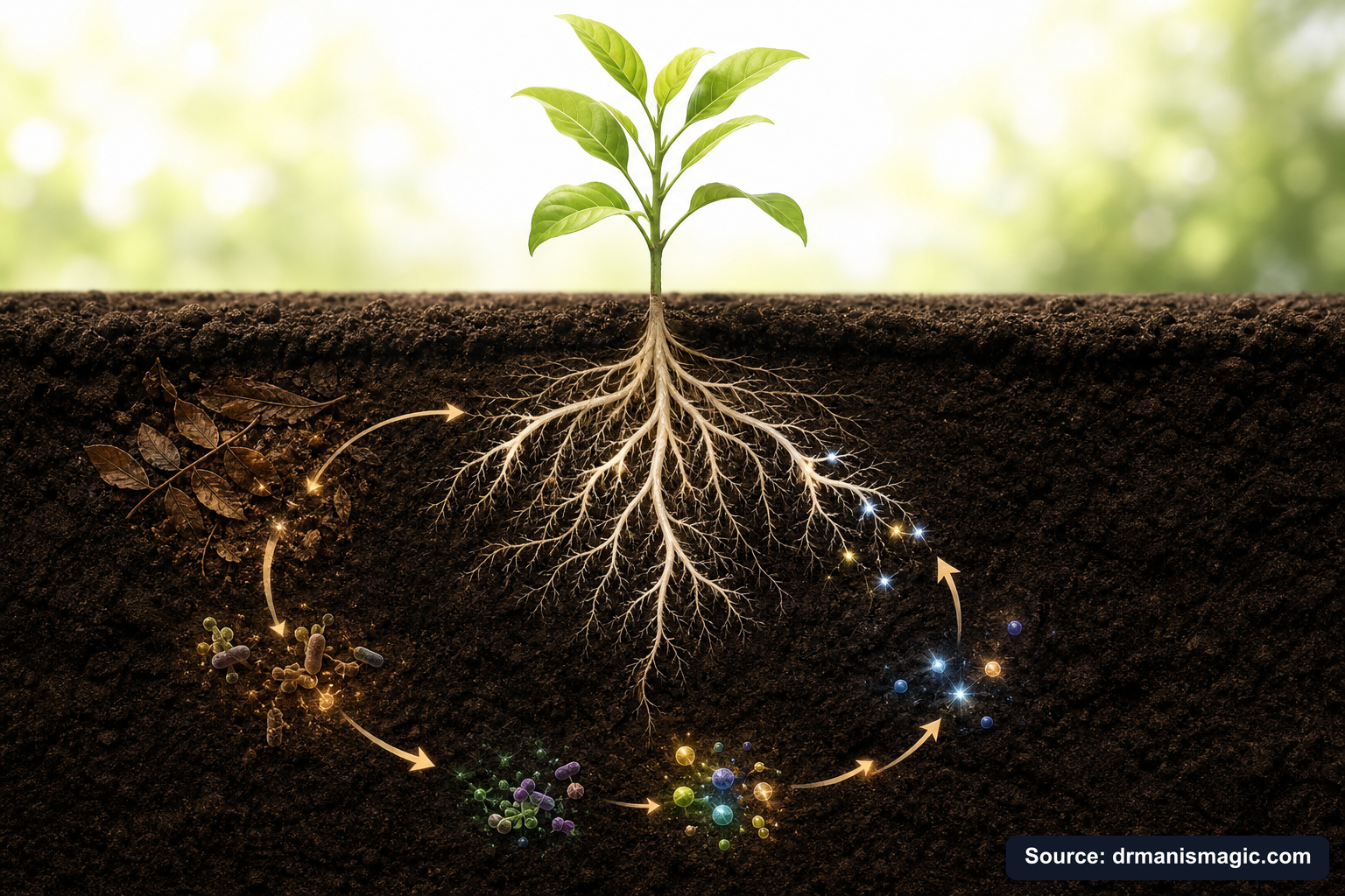 Scientific diagram of the soil nutrient cycle around plant roots