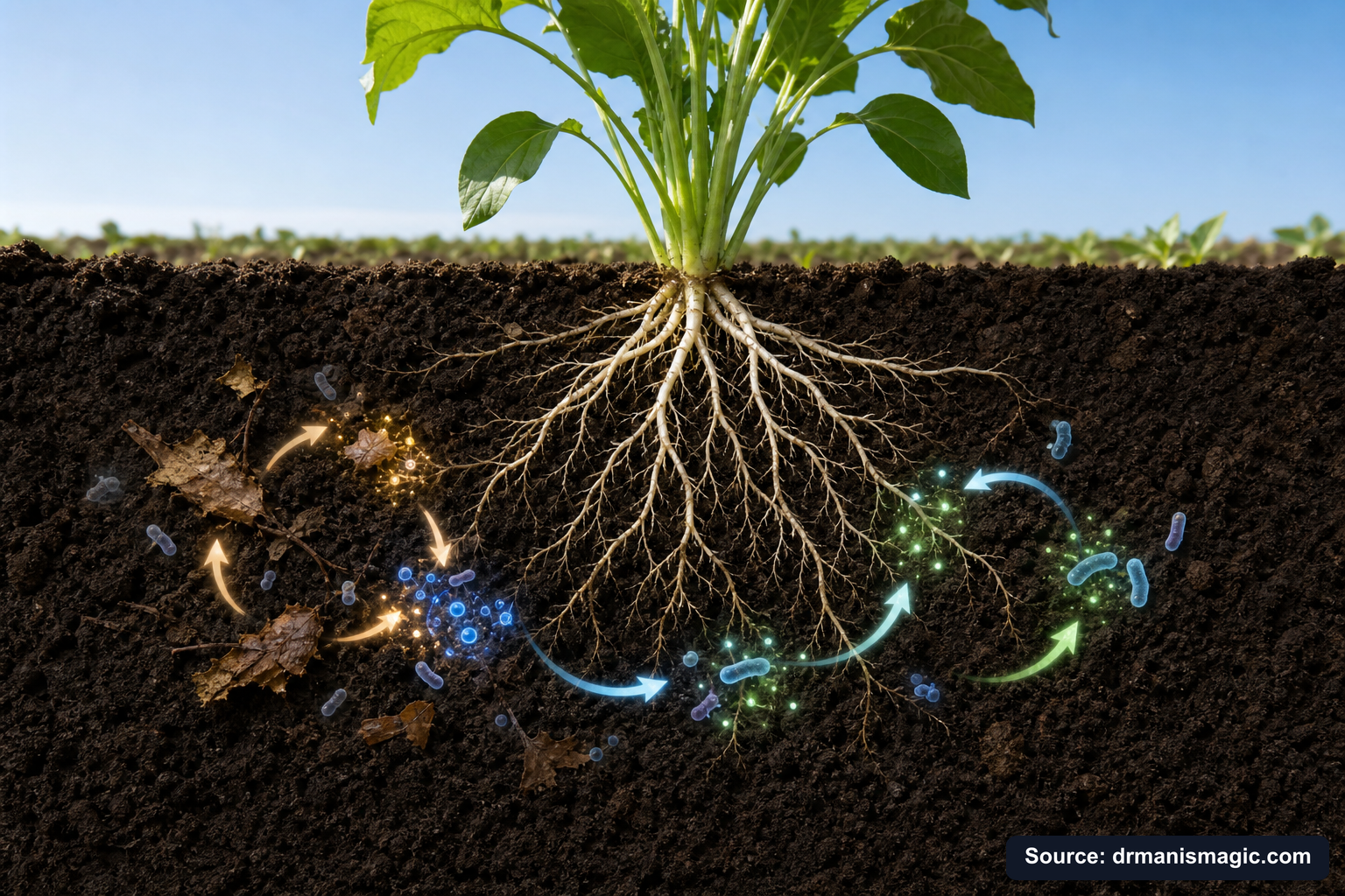 Scientific diagram of the soil nutrient cycle around plant roots