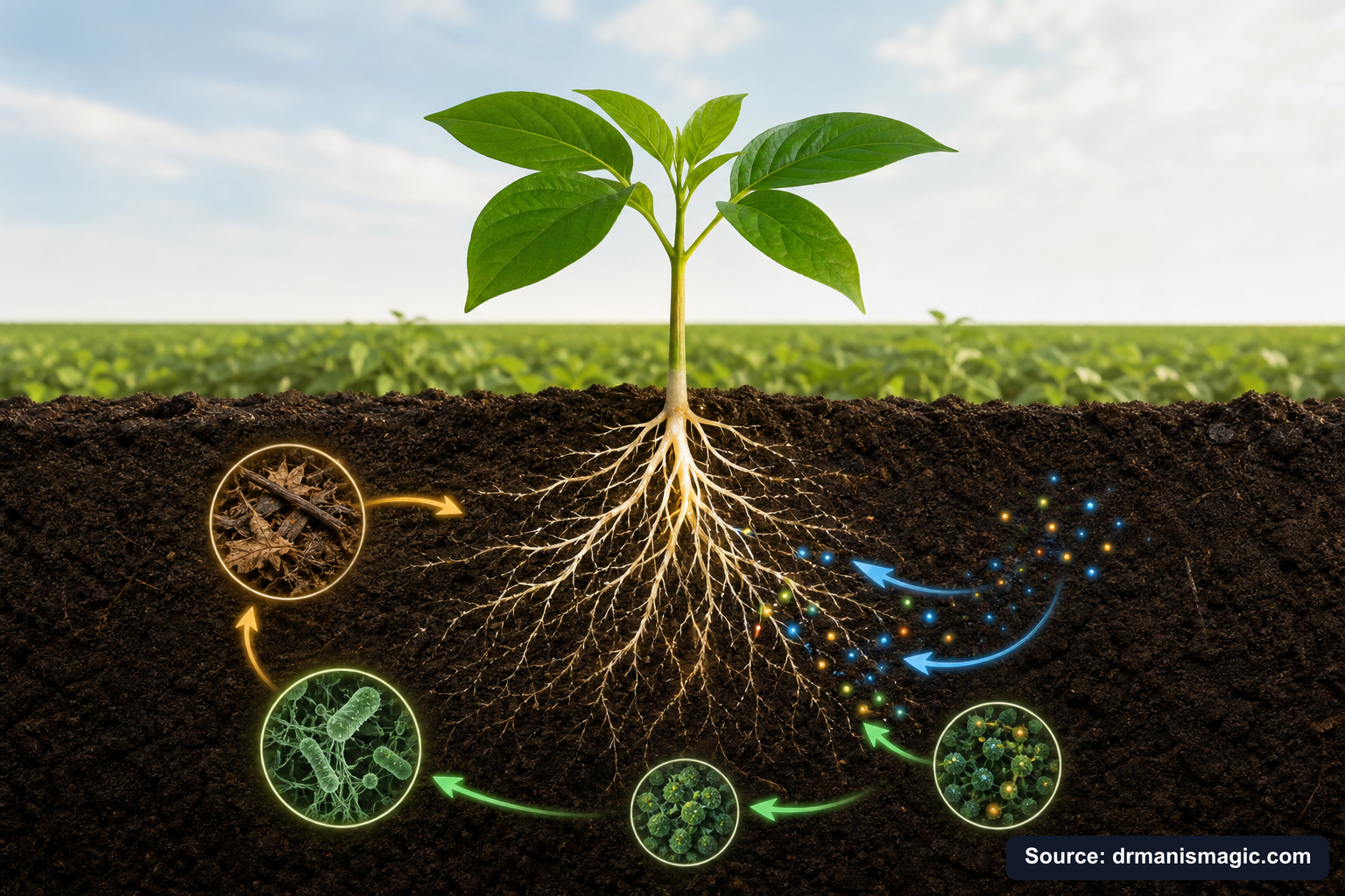 Scientific diagram of the soil nutrient cycle around plant roots