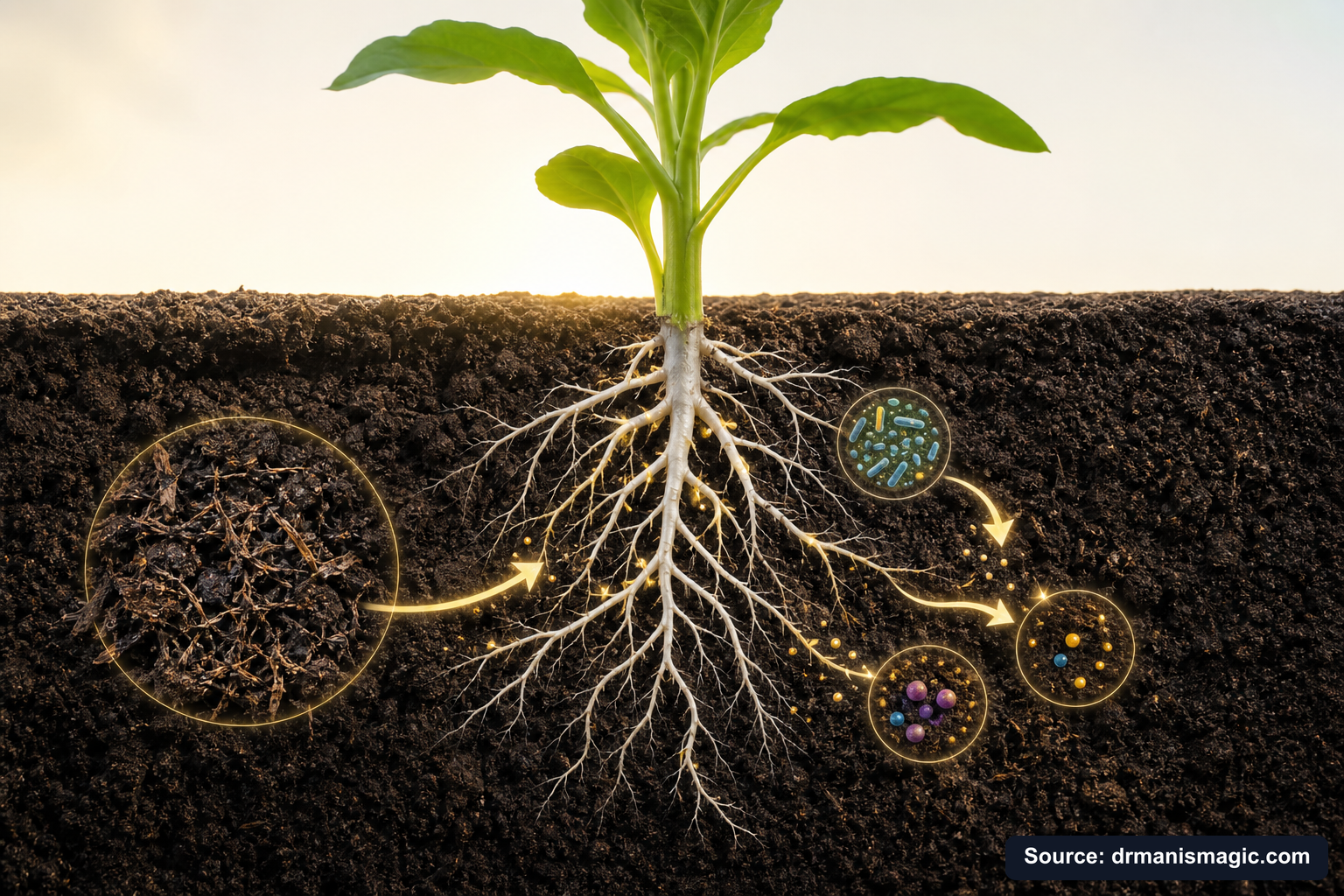 Scientific diagram of the soil nutrient cycle around plant roots