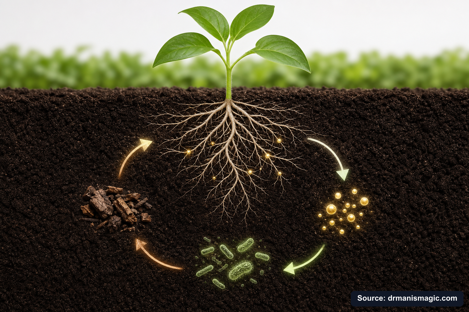 Scientific diagram of the soil nutrient cycle around plant roots