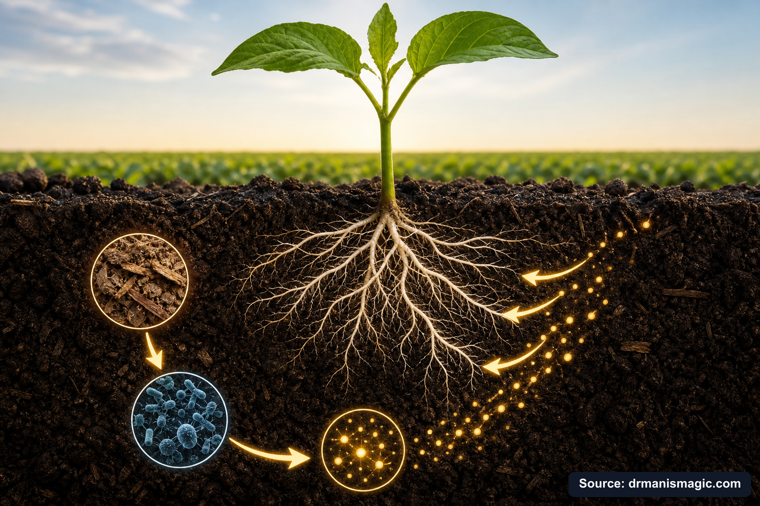 Scientific diagram of the soil nutrient cycle around plant roots