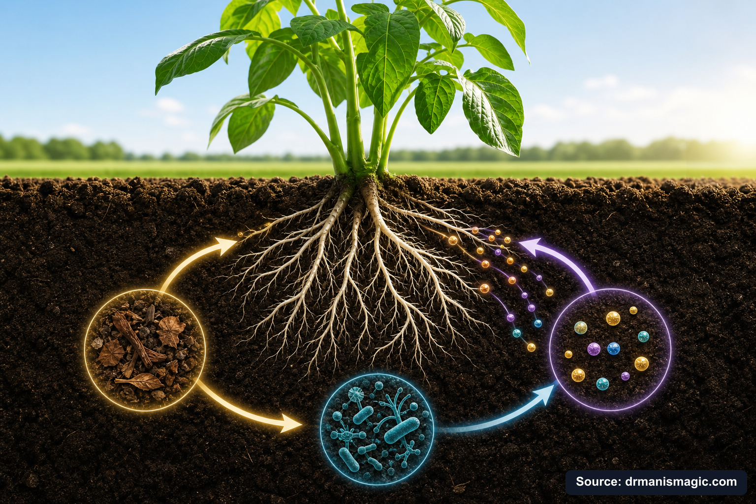 Scientific diagram of the soil nutrient cycle around plant roots