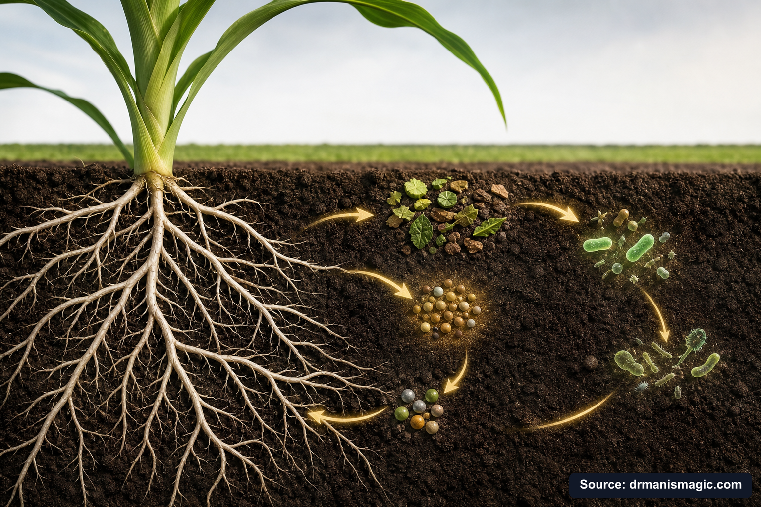 Scientific diagram of the soil nutrient cycle around plant roots