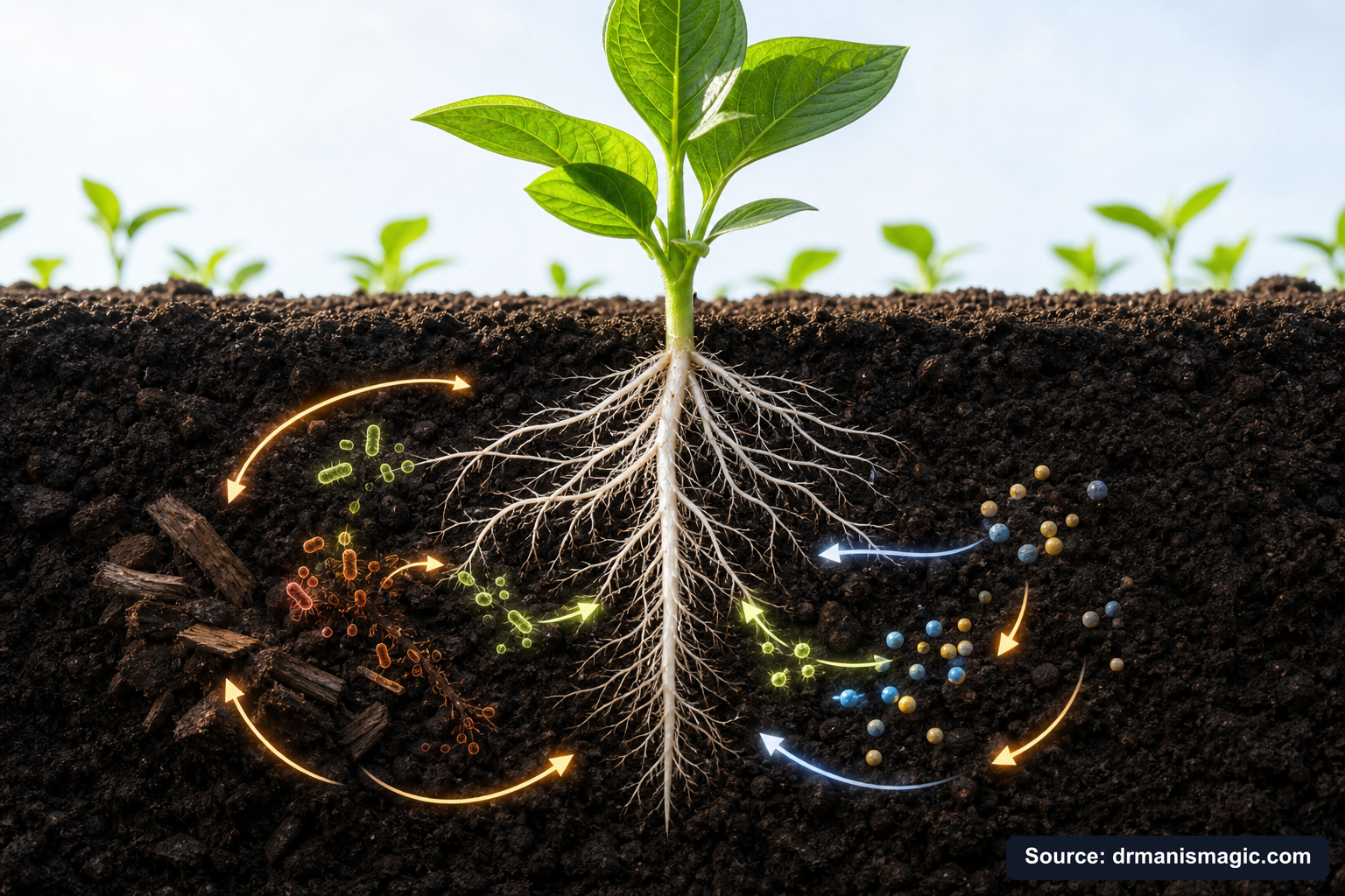 Scientific diagram of the soil nutrient cycle around plant roots