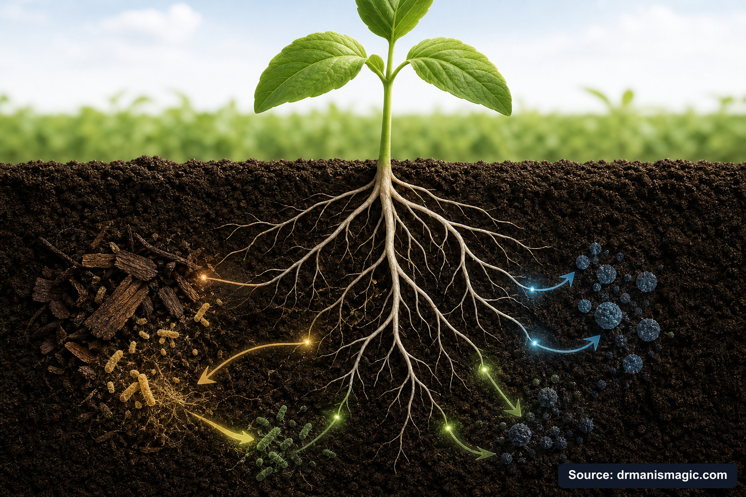 Scientific diagram of the soil nutrient cycle around plant roots