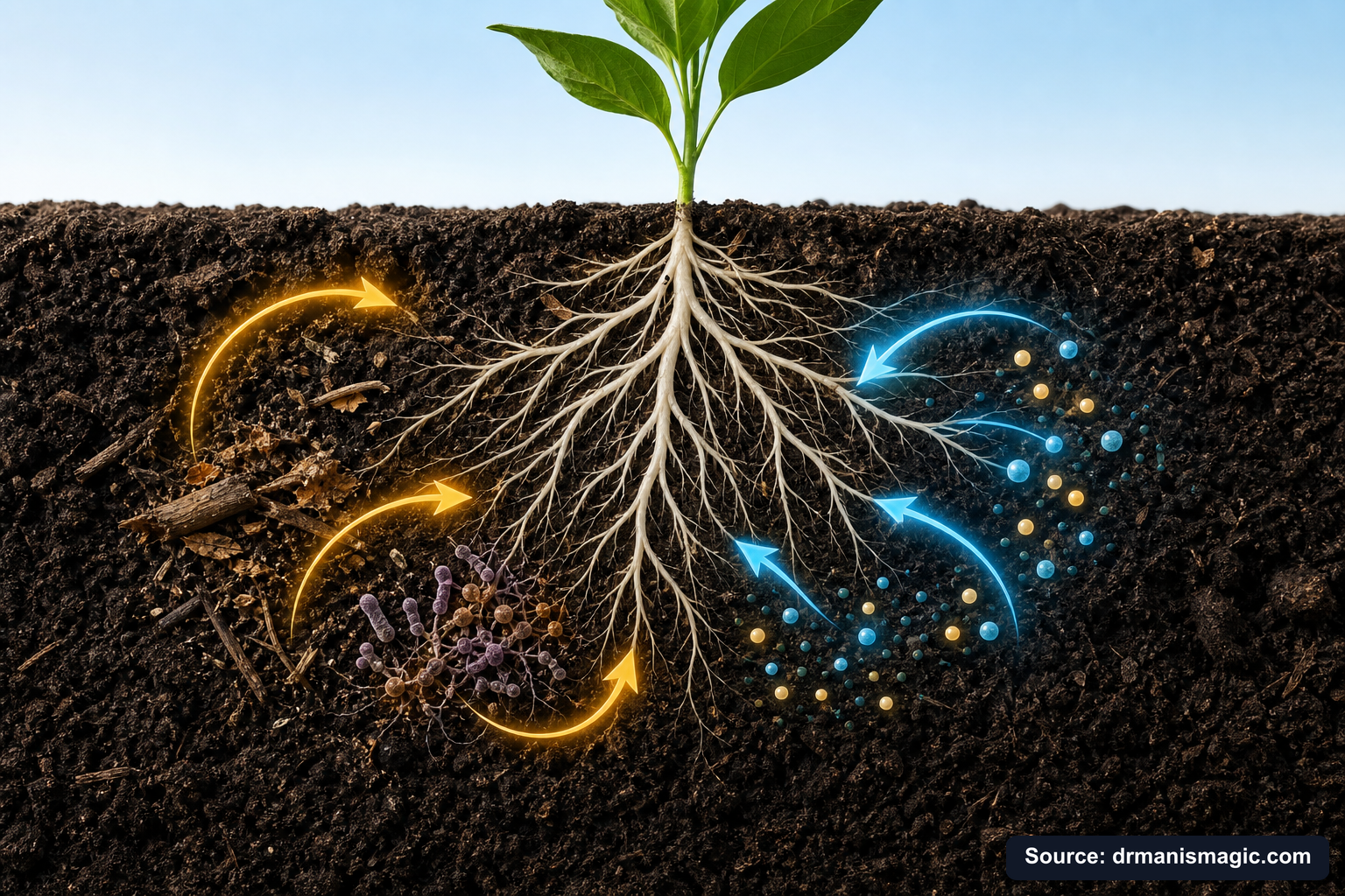 Scientific diagram of the soil nutrient cycle around plant roots