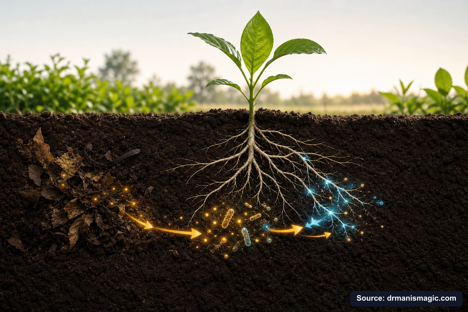 Scientific diagram of the soil nutrient cycle around plant roots
