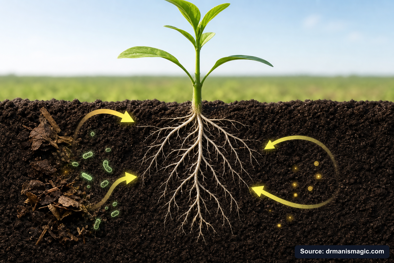 Scientific diagram of the soil nutrient cycle around plant roots