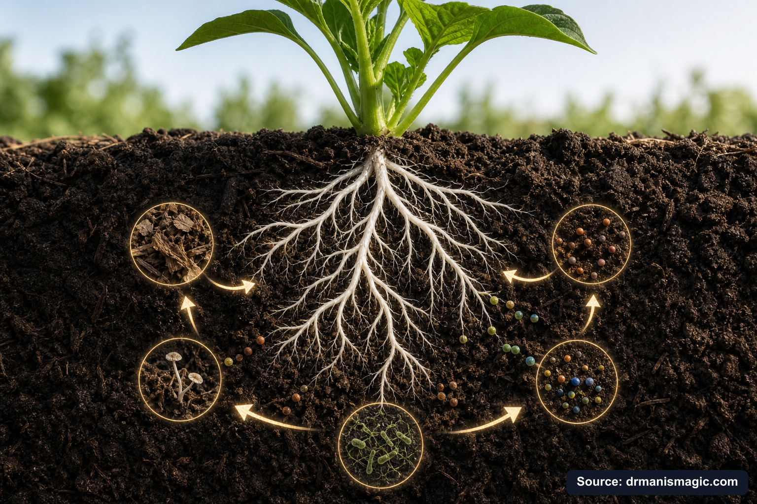 Scientific diagram of the soil nutrient cycle around plant roots