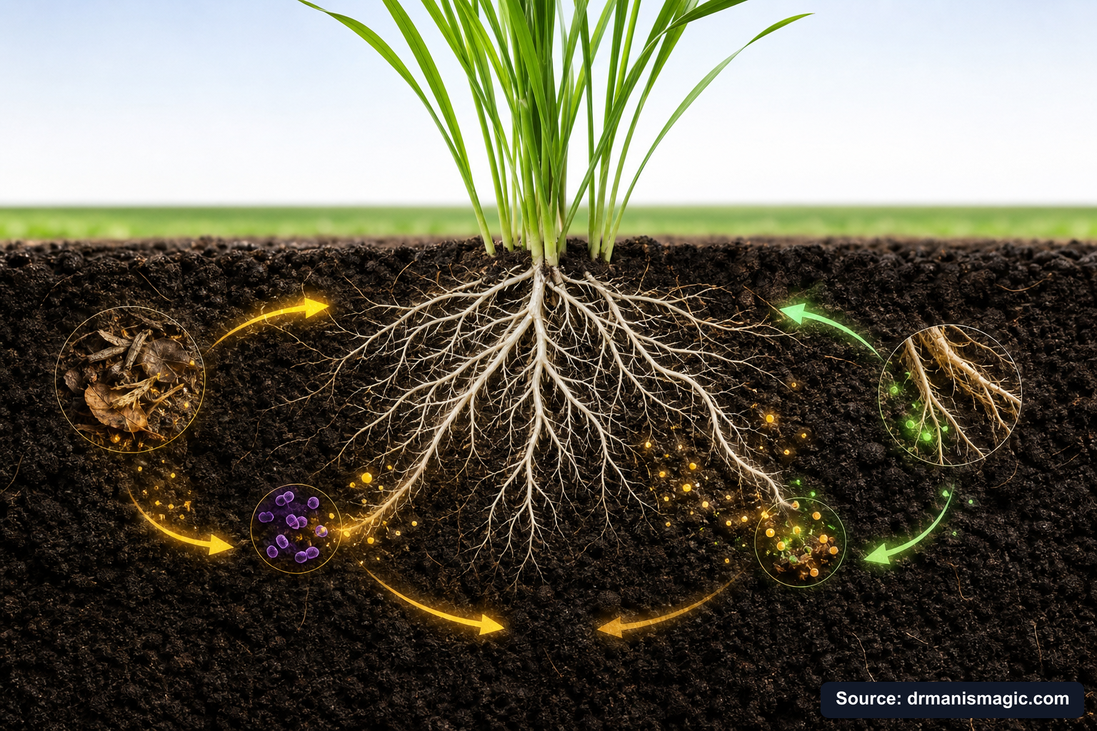 Scientific diagram of the soil nutrient cycle around plant roots