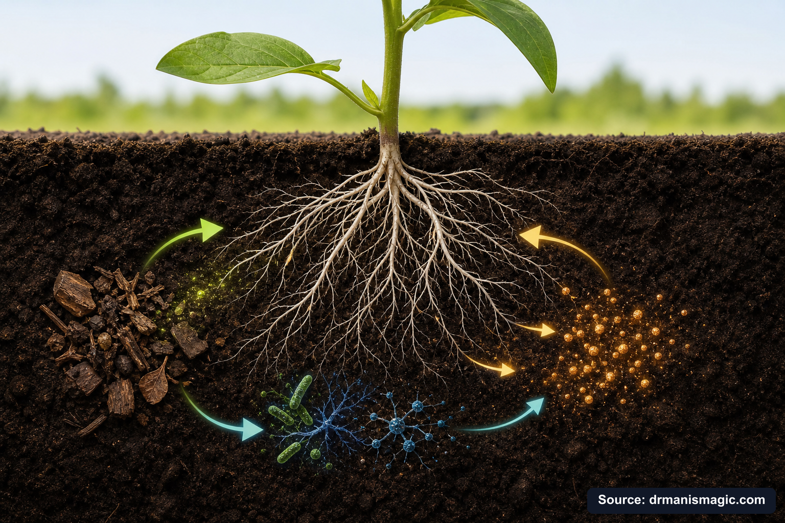 Scientific diagram of the soil nutrient cycle around plant roots