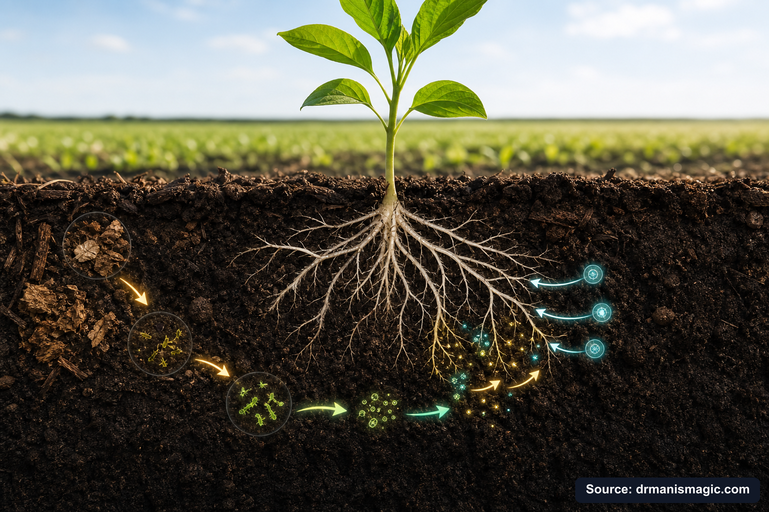 Scientific diagram of the soil nutrient cycle around plant roots