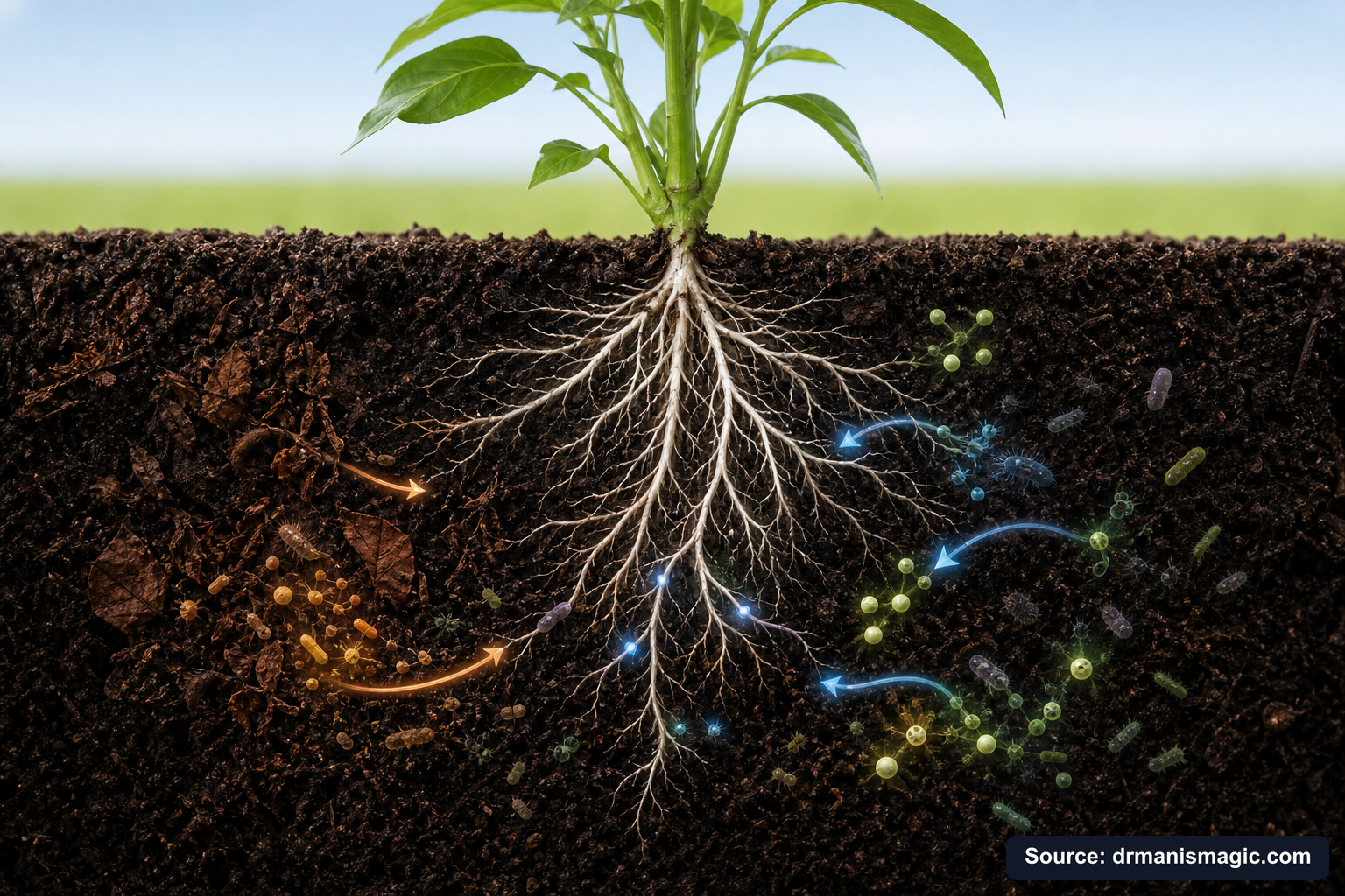 Scientific diagram of the soil nutrient cycle around plant roots