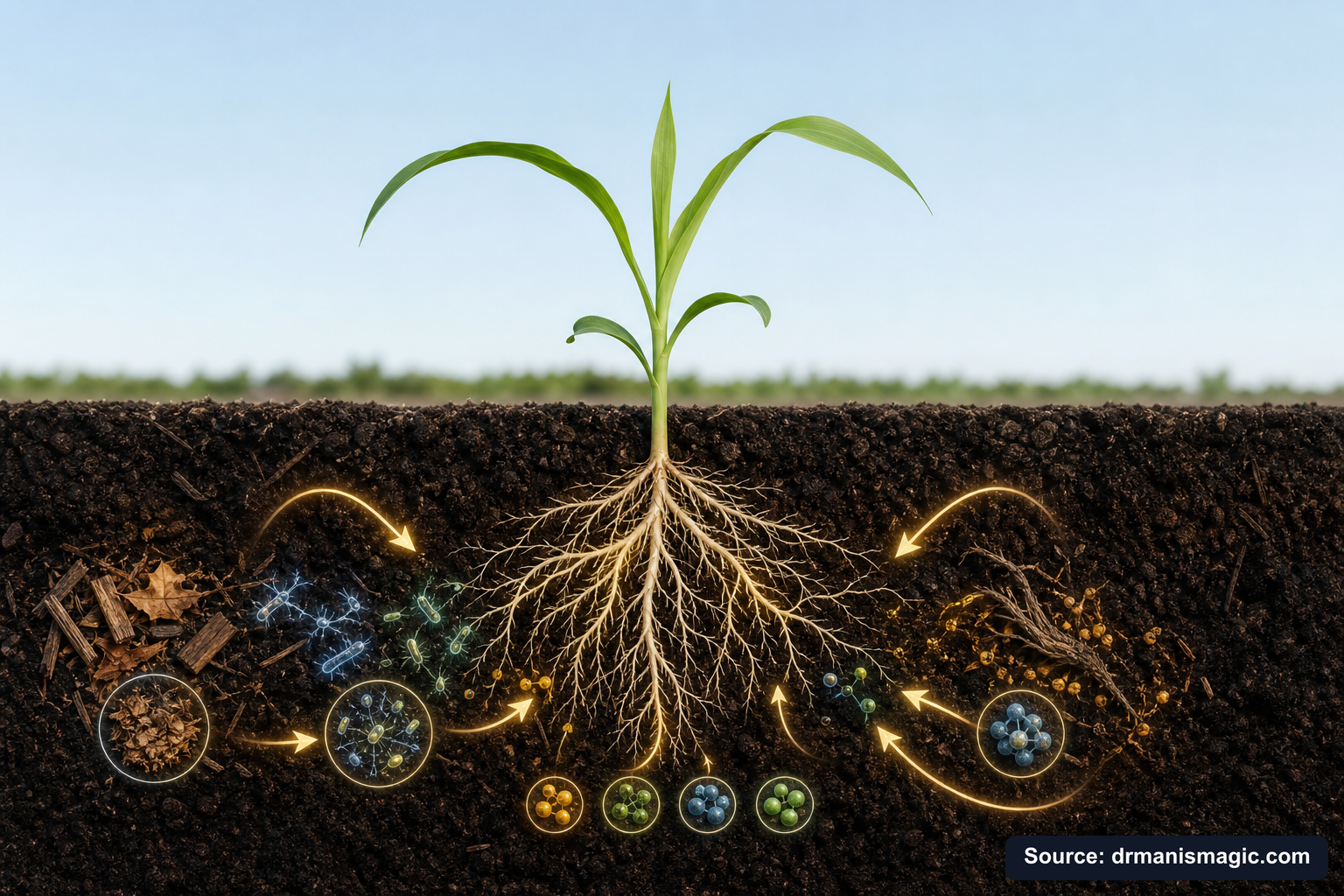 Scientific diagram of the soil nutrient cycle around plant roots