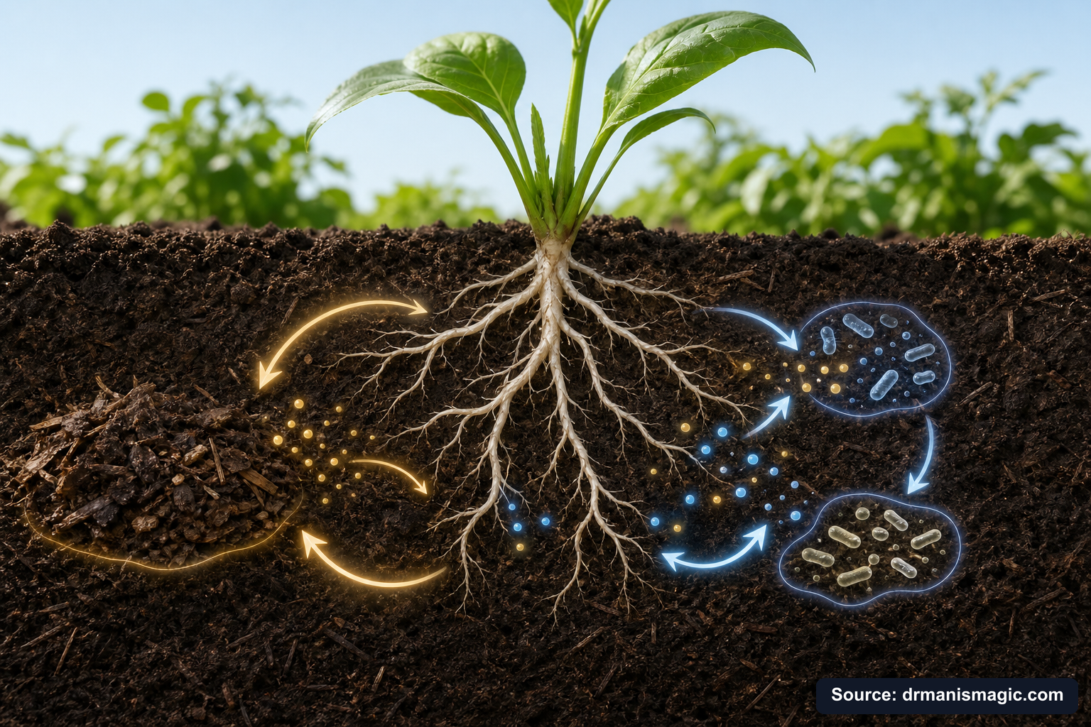 Scientific diagram of the soil nutrient cycle around plant roots