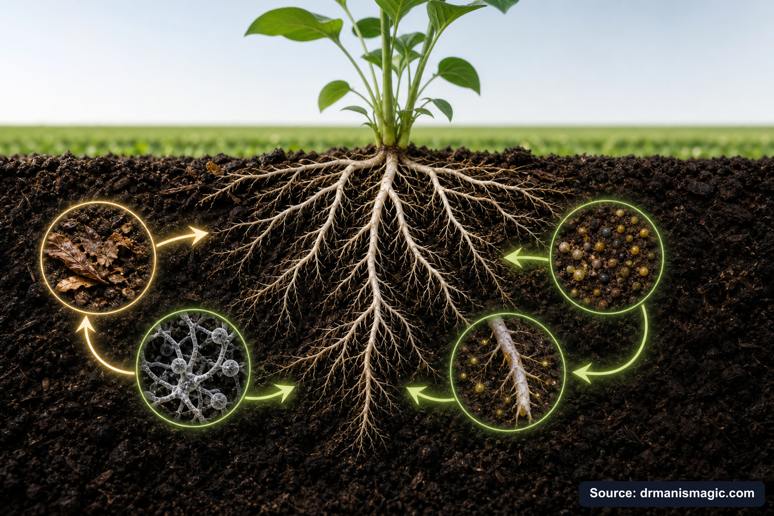 Scientific diagram of the soil nutrient cycle around plant roots