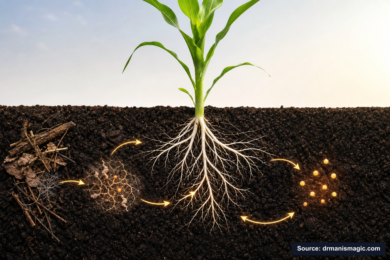 Scientific diagram of the soil nutrient cycle around plant roots