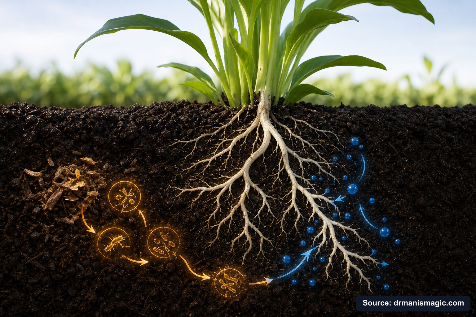 Scientific diagram of the soil nutrient cycle around plant roots