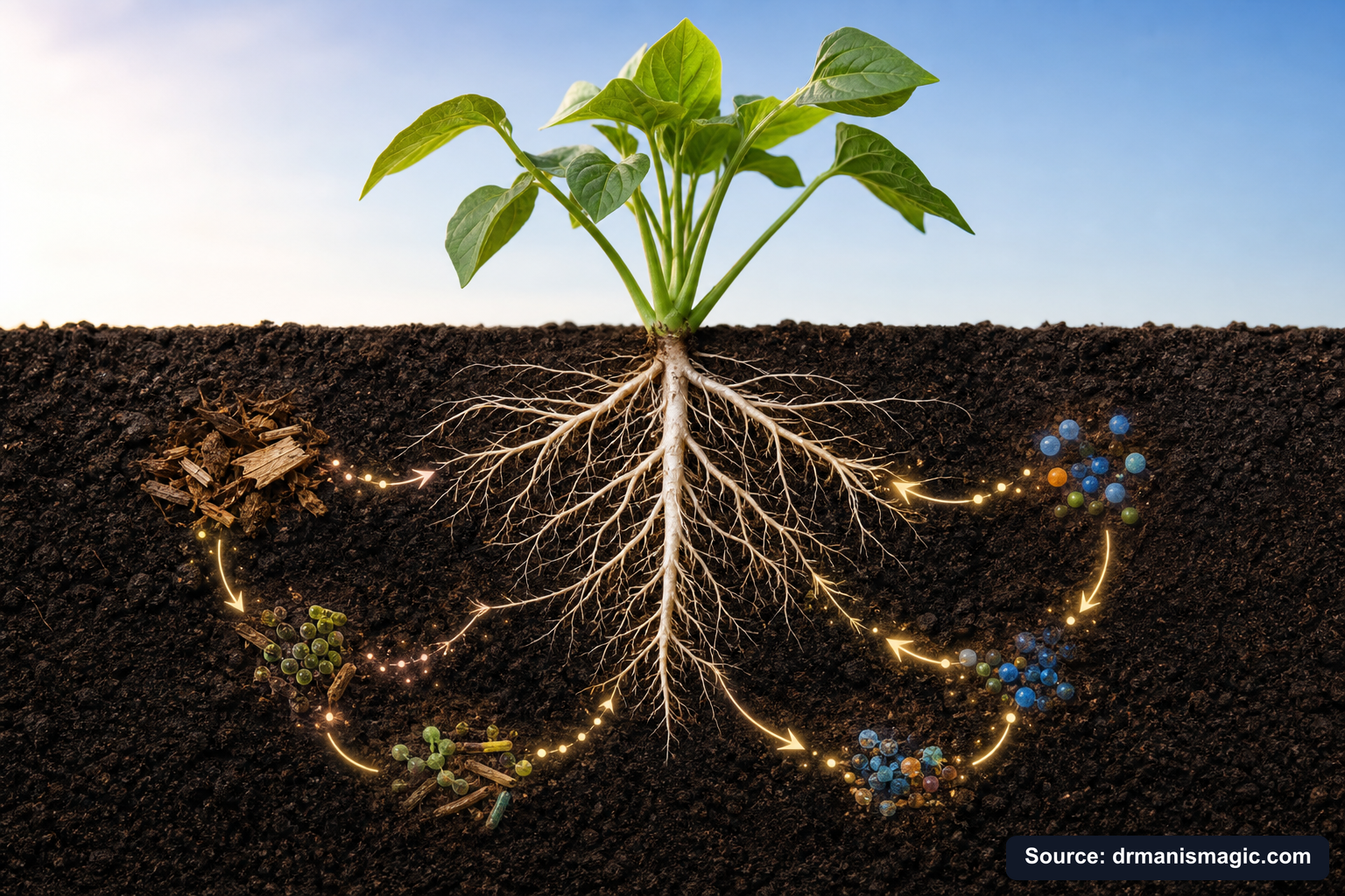 Scientific diagram of the soil nutrient cycle around plant roots