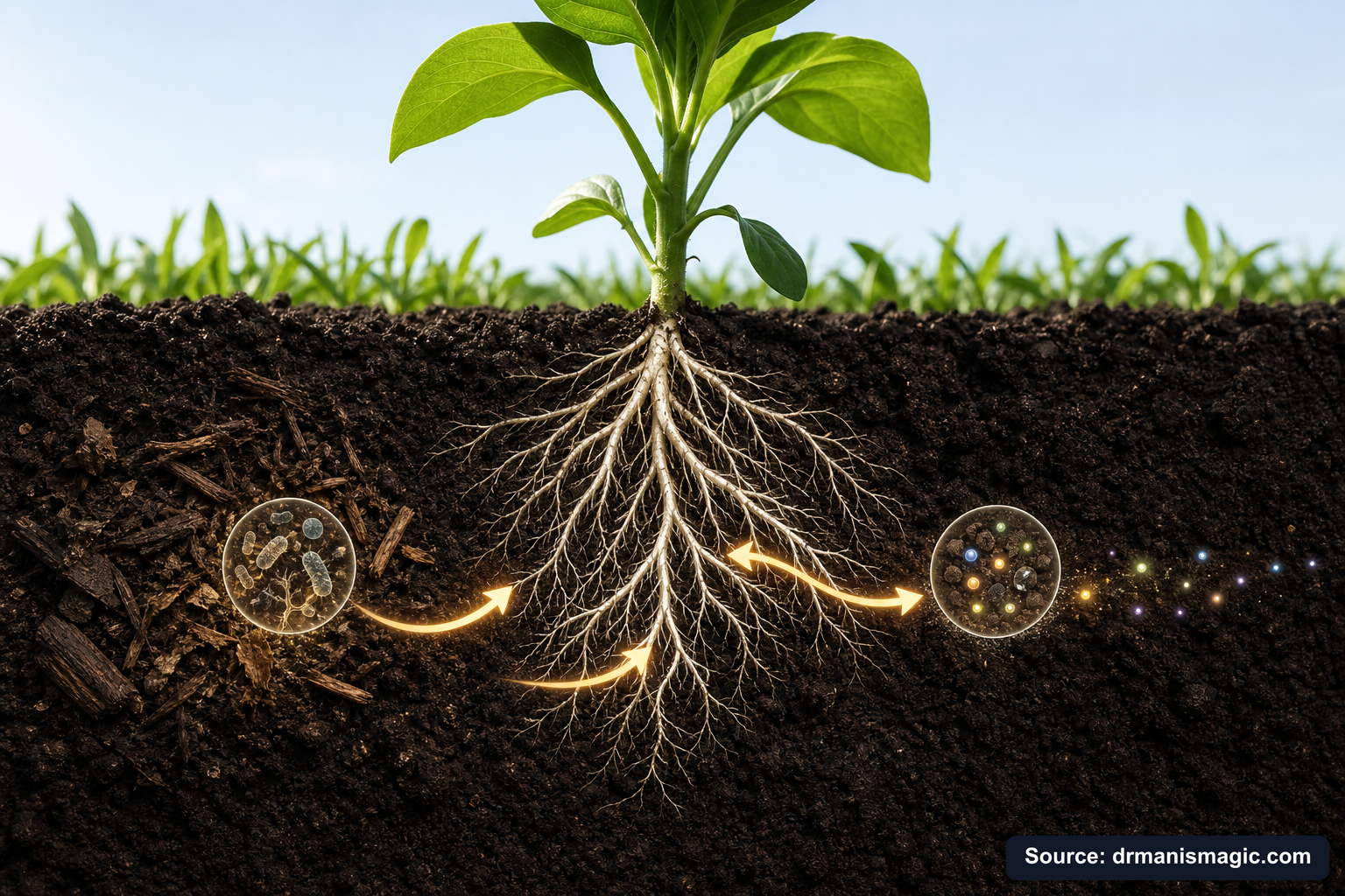 Scientific diagram of the soil nutrient cycle around plant roots