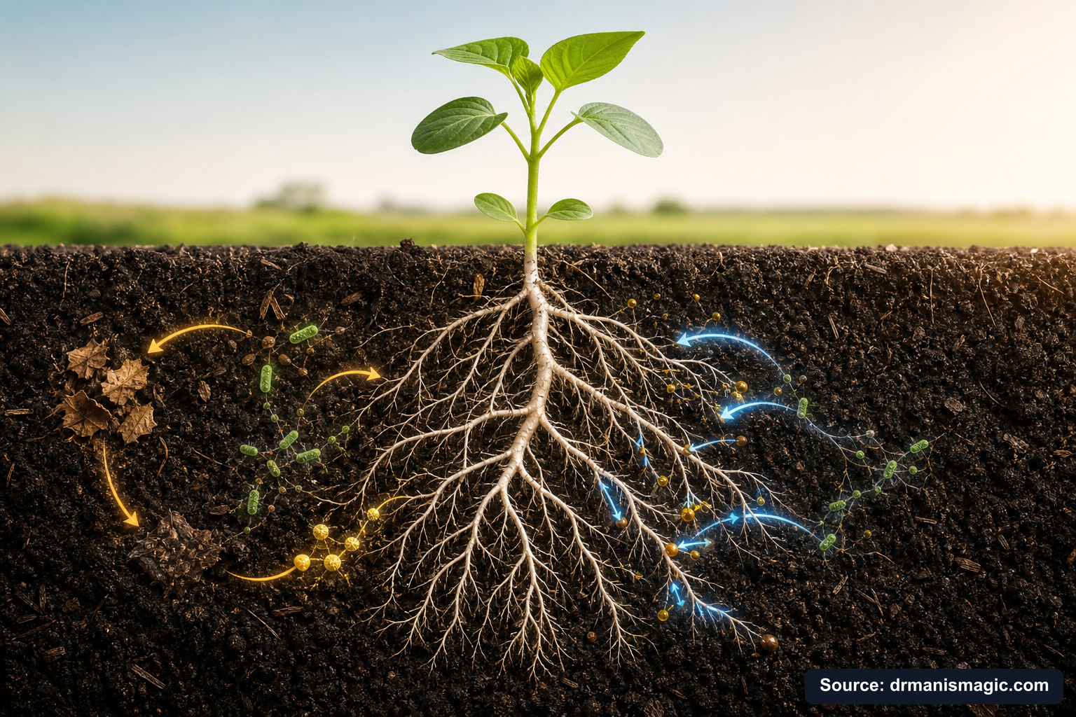 Scientific diagram of the soil nutrient cycle around plant roots
