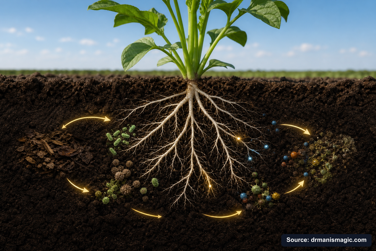 Scientific diagram of the soil nutrient cycle around plant roots