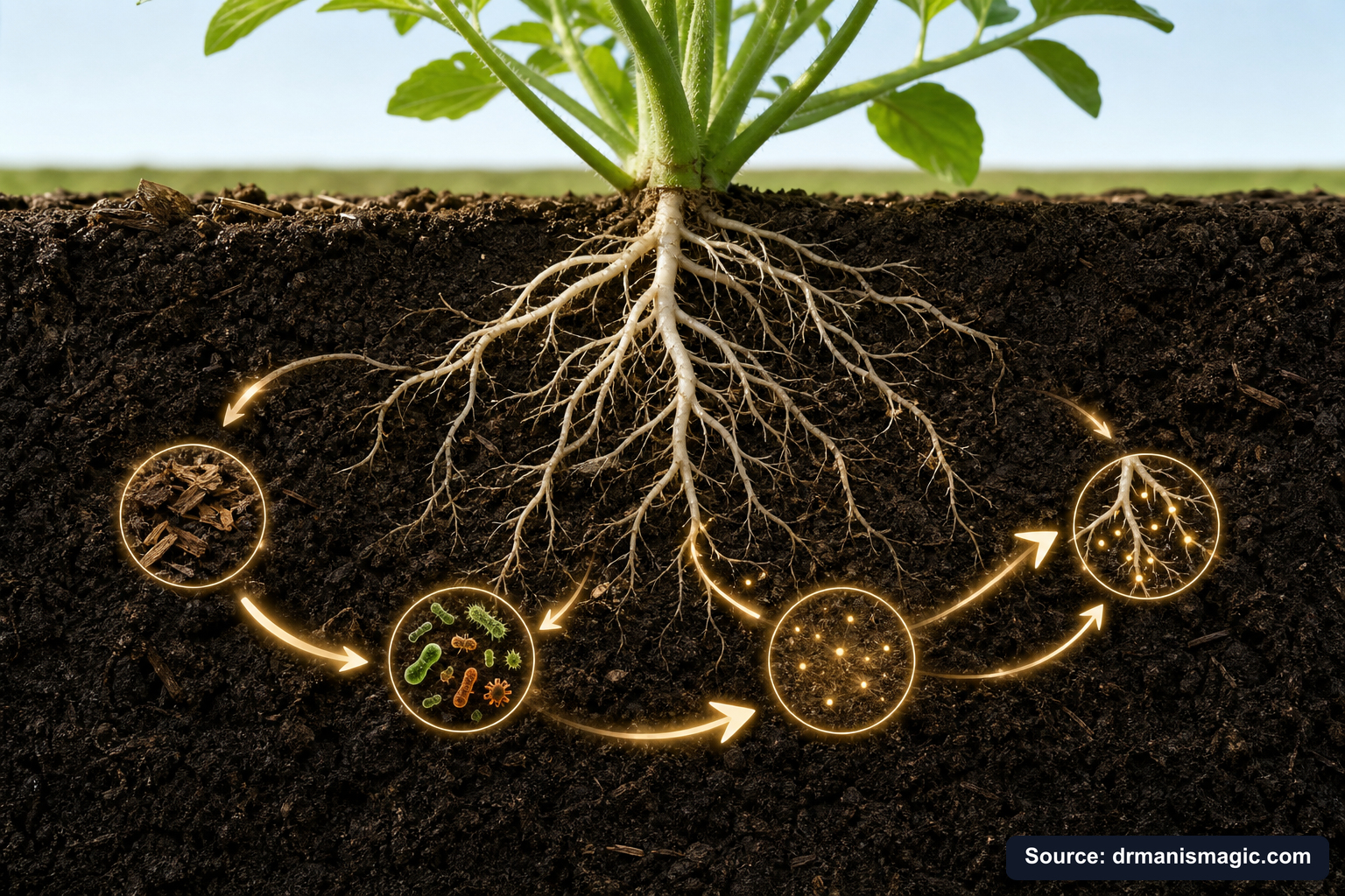 Scientific diagram of the soil nutrient cycle around plant roots