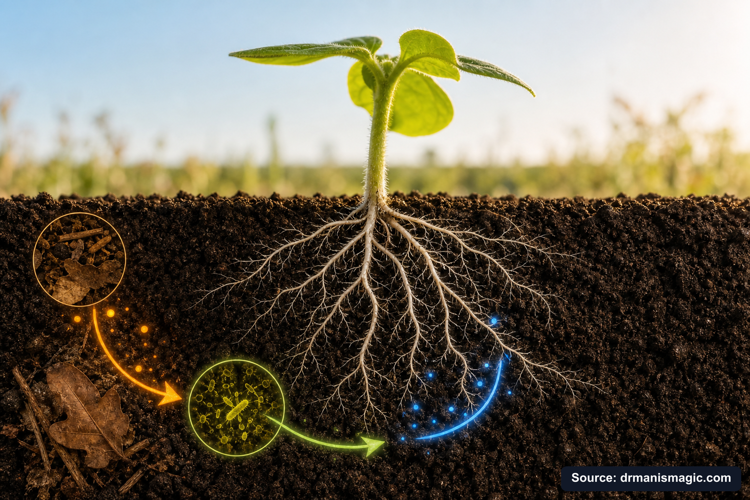 Scientific diagram of the soil nutrient cycle around plant roots
