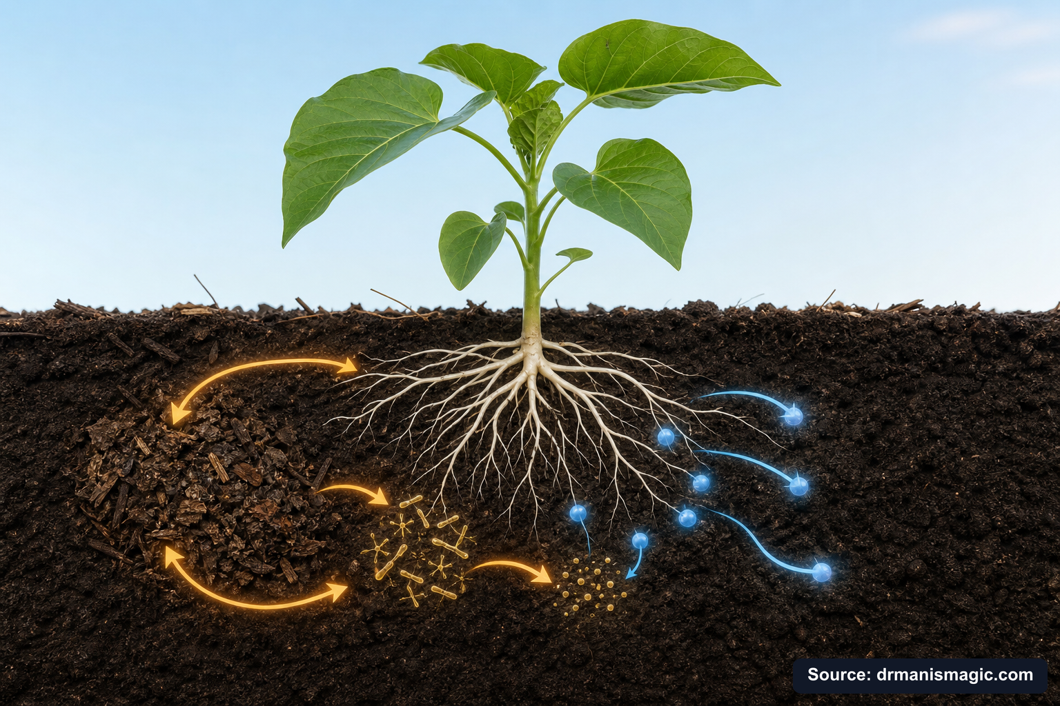 Scientific diagram of the soil nutrient cycle around plant roots