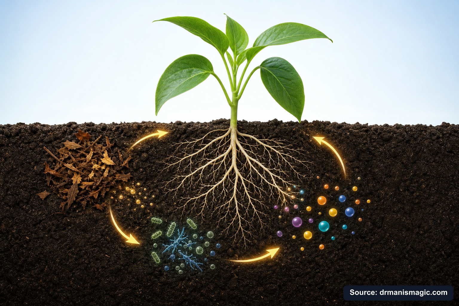 Scientific diagram of the soil nutrient cycle around plant roots