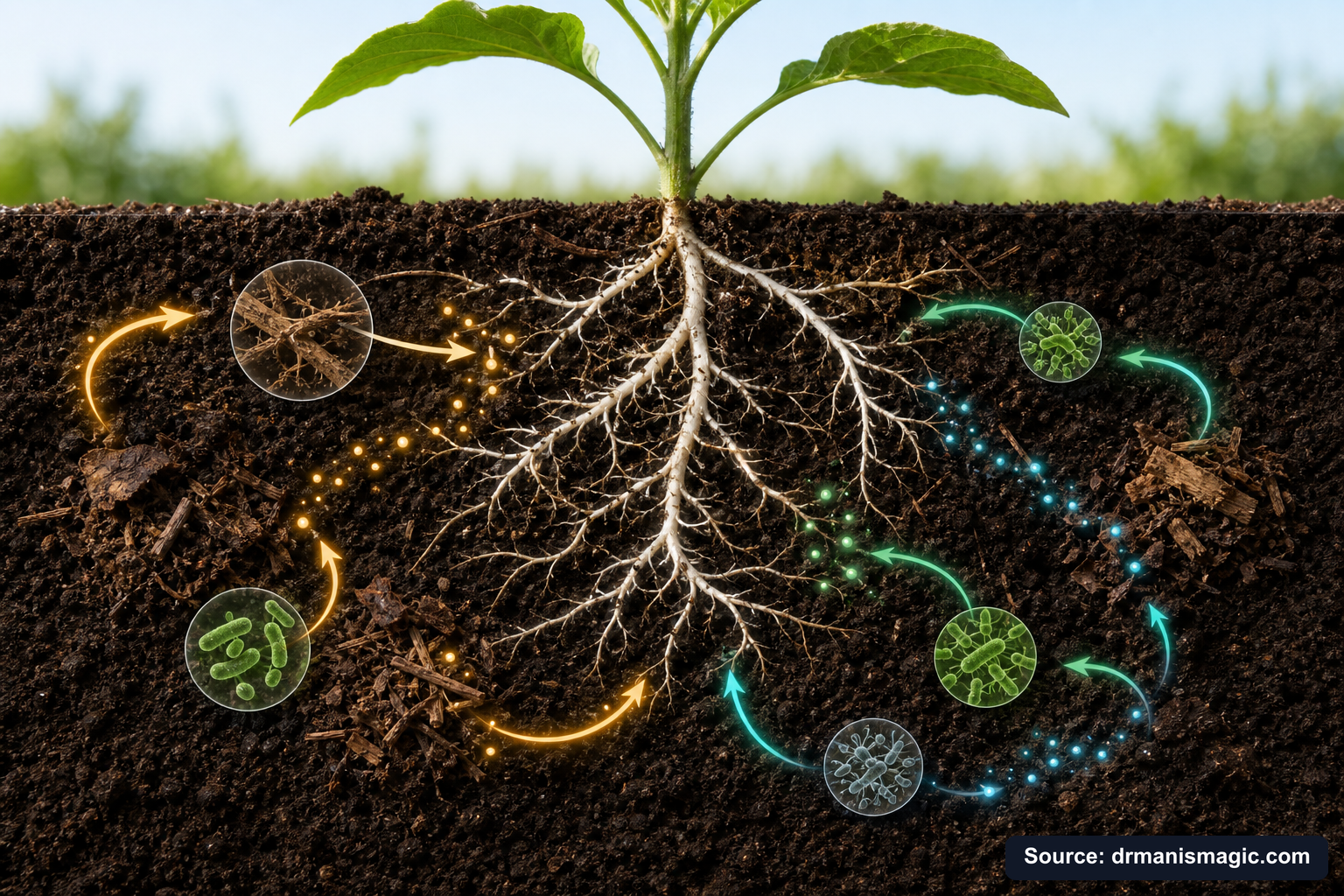 Scientific diagram of the soil nutrient cycle around plant roots