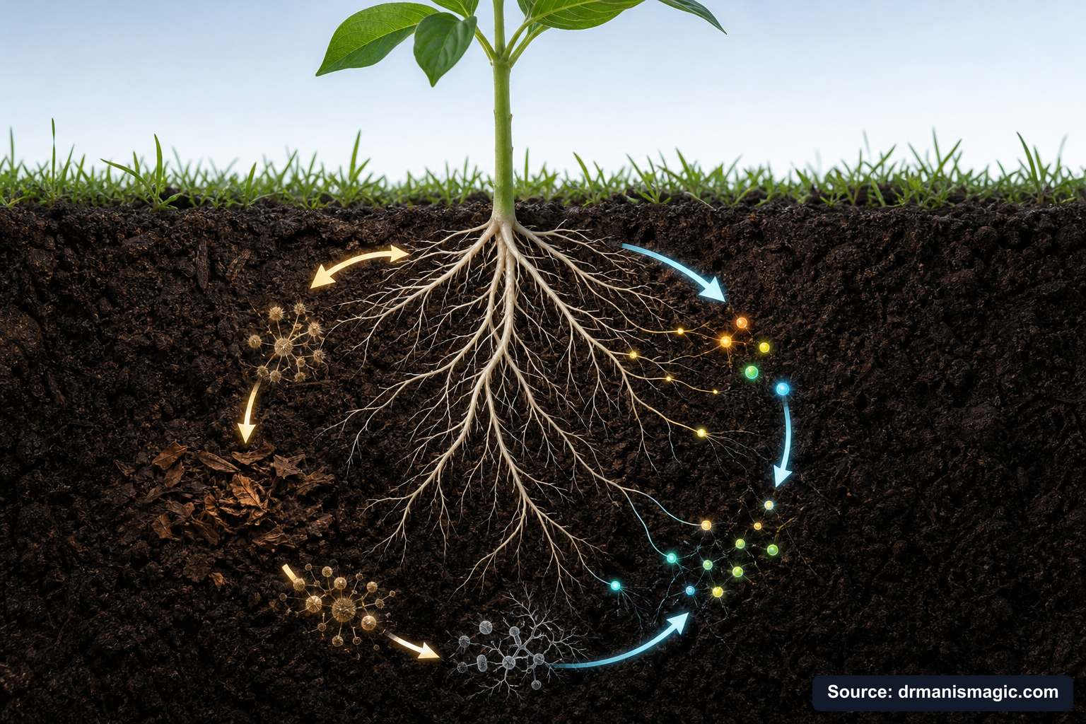 Scientific diagram of the soil nutrient cycle around plant roots