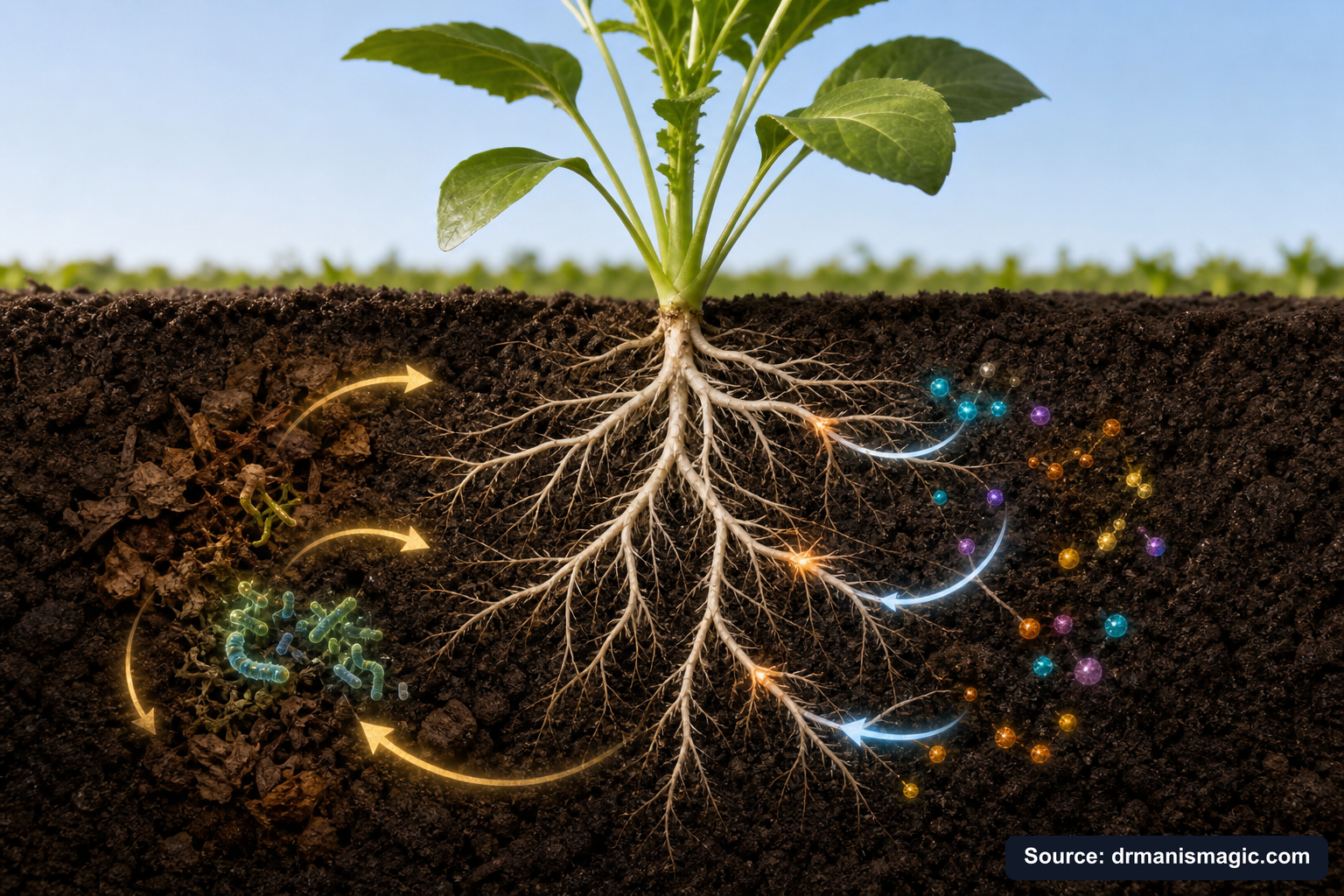 Scientific diagram of the soil nutrient cycle around plant roots