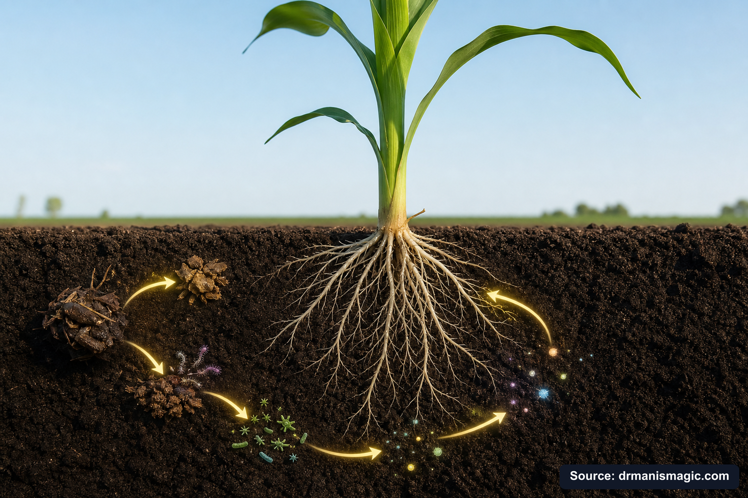 Scientific diagram of the soil nutrient cycle around plant roots