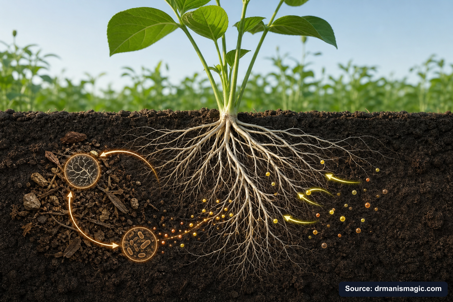 Scientific diagram of the soil nutrient cycle around plant roots
