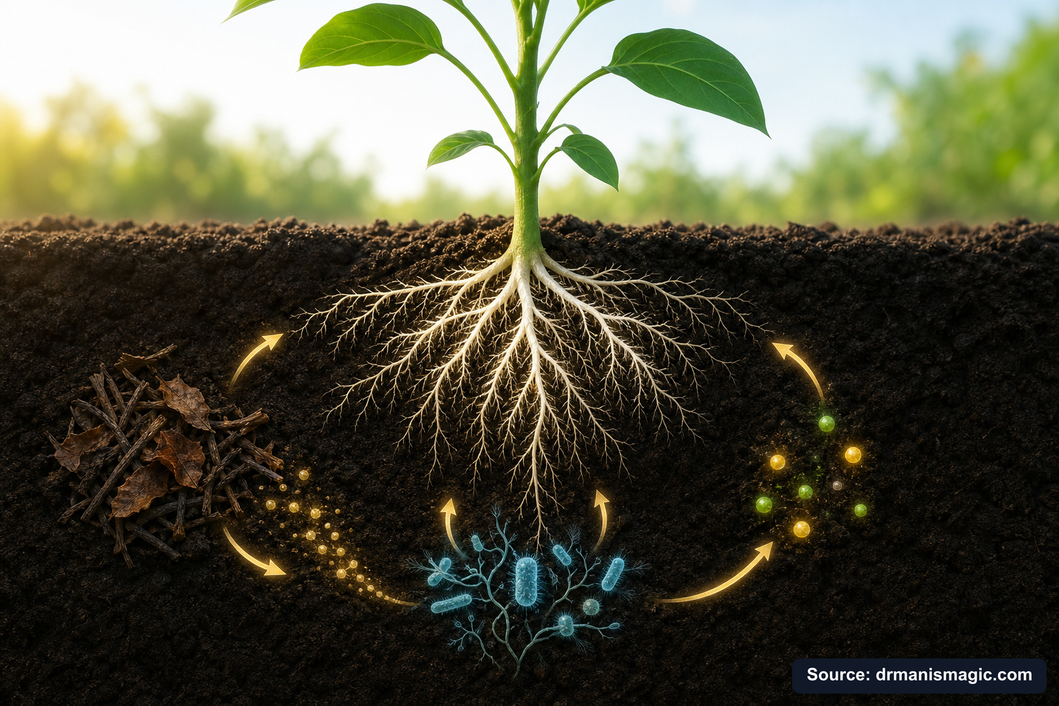 Scientific diagram of the soil nutrient cycle around plant roots