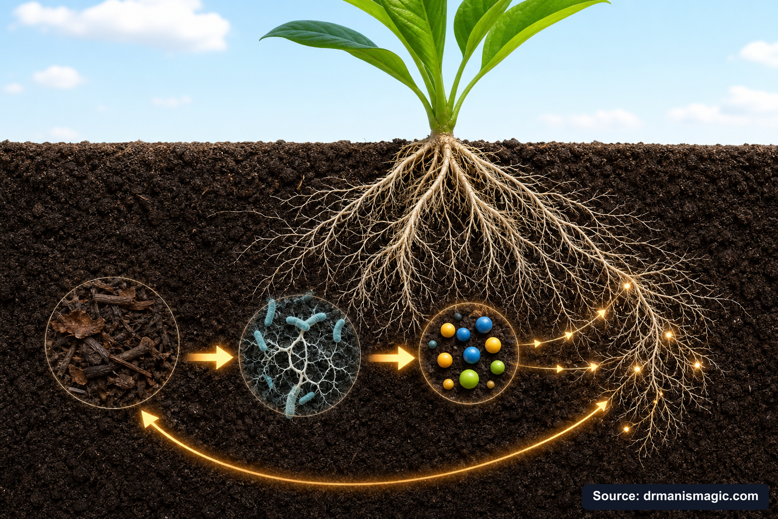 Scientific diagram of the soil nutrient cycle around plant roots