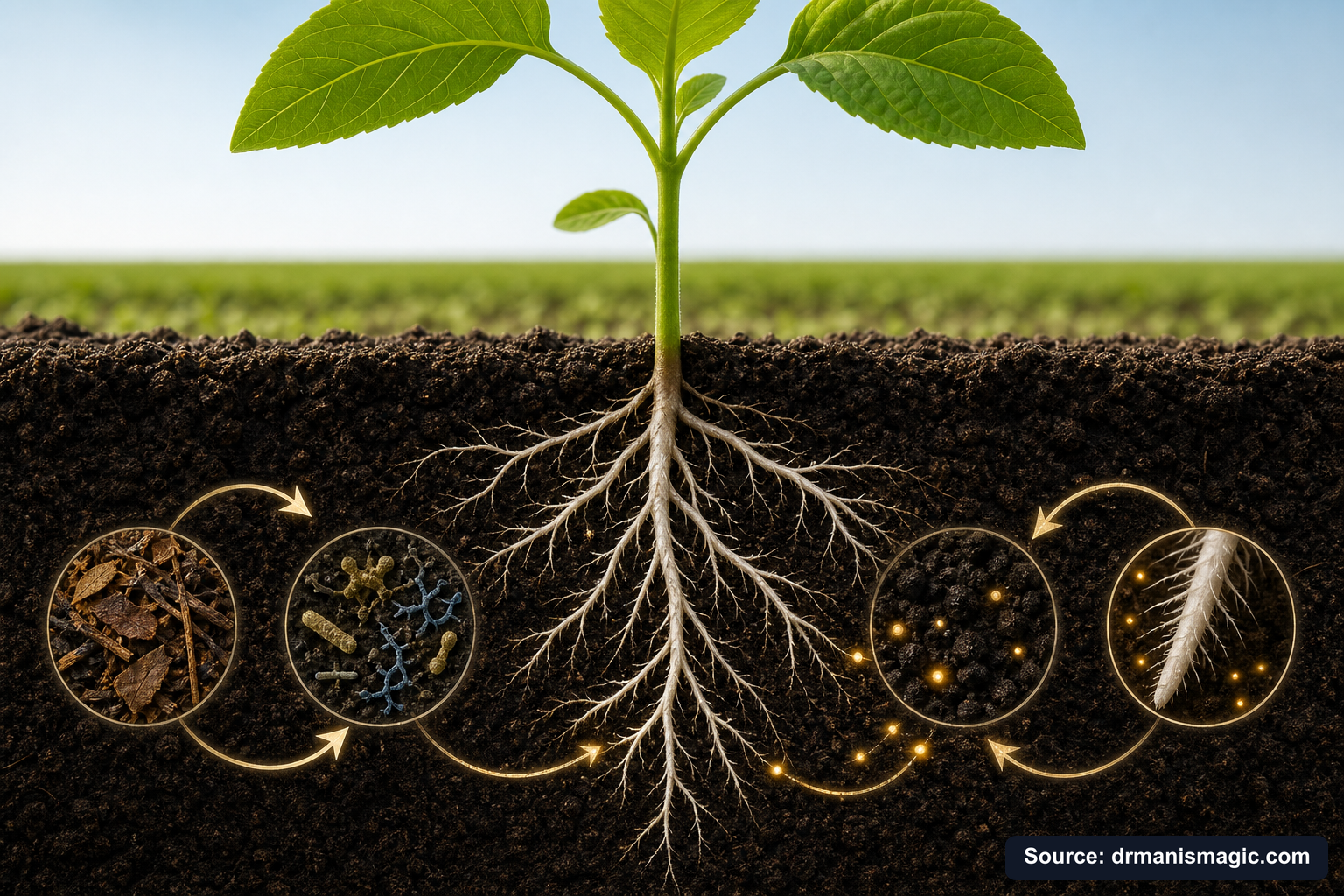 Scientific diagram of the soil nutrient cycle around plant roots